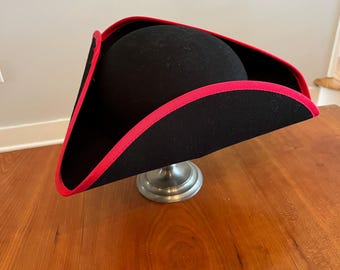 Tricorn Hat Black Wool Red Trim