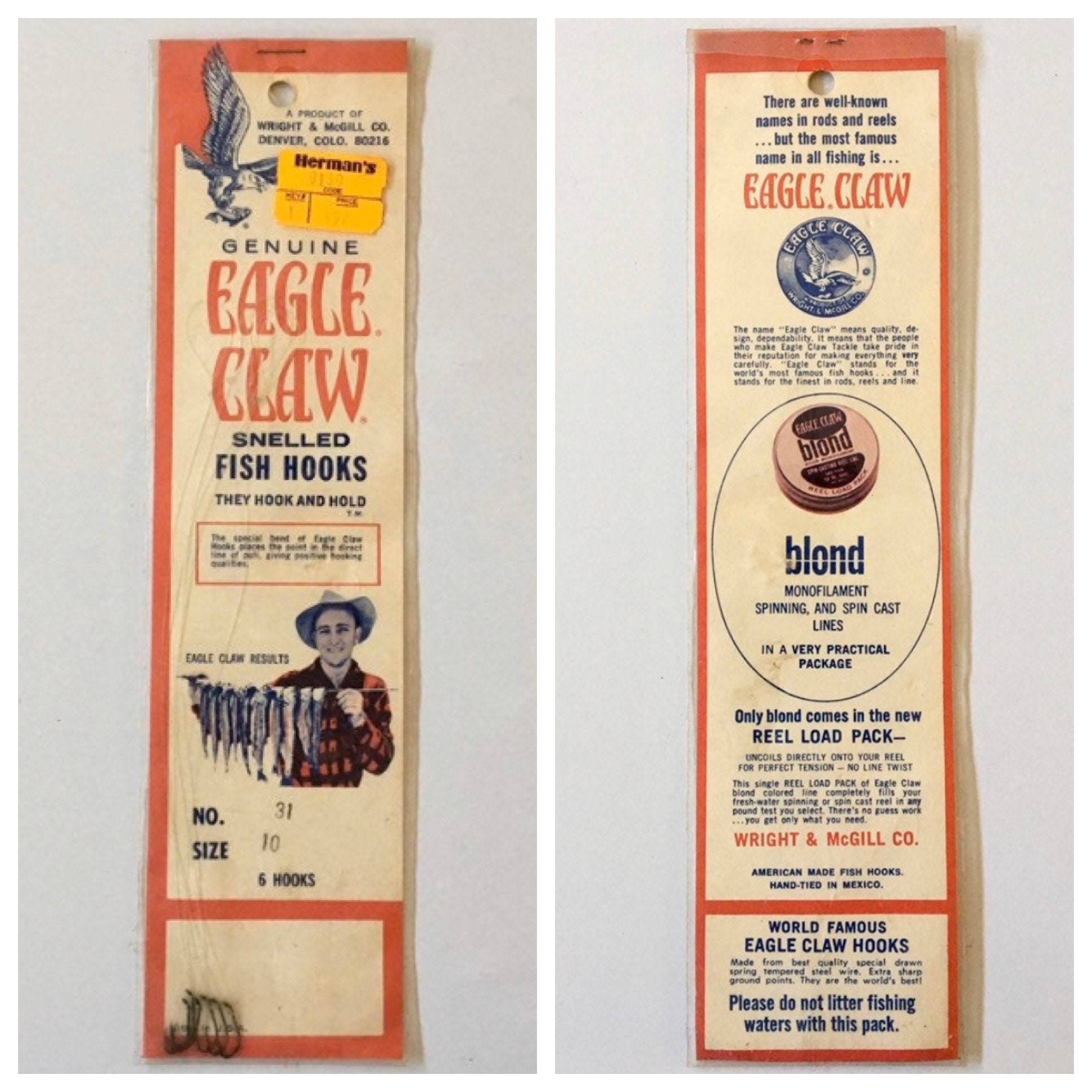 Vintage 2 NOS Sets of 6 Eagle Claw Snelled Fish Hooks, No. 31 Size