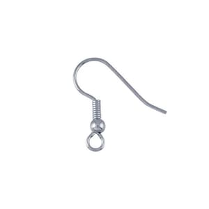 May include: A single silver-colored earring hook, isolated on a white background. The hook features a curved wire design with a coiled spring and a small, round bead at the base, and a loop.