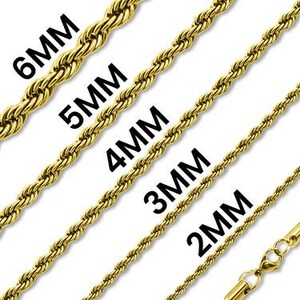 May include: Five gold-toned rope chains arranged diagonally, labeled with their respective widths of 6mm, 5mm, 4mm, 3mm, and 2mm. Each chain features a twisted, textured link design, and the 2mm chain includes a visible lobster claw clasp.