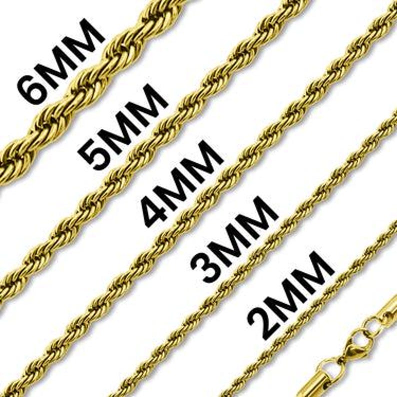 May include: Five gold-toned rope chains arranged diagonally, labeled with their respective widths of 6mm, 5mm, 4mm, 3mm, and 2mm. Each chain features a twisted, textured link design, and the 2mm chain includes a visible lobster claw clasp.