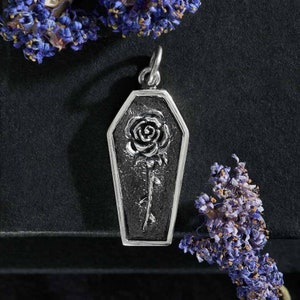 Sterling silver rose in coffin charm 26x10mm