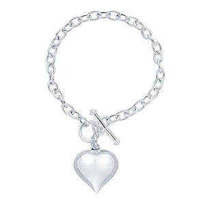 925 sterling silver 5.2mm cable chain toggle bracelet with puff heart charm