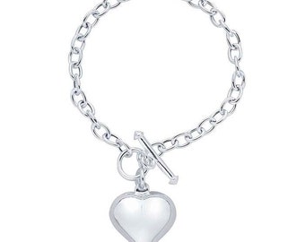 925 sterling silver 5.2mm cable chain toggle bracelet with puff heart charm