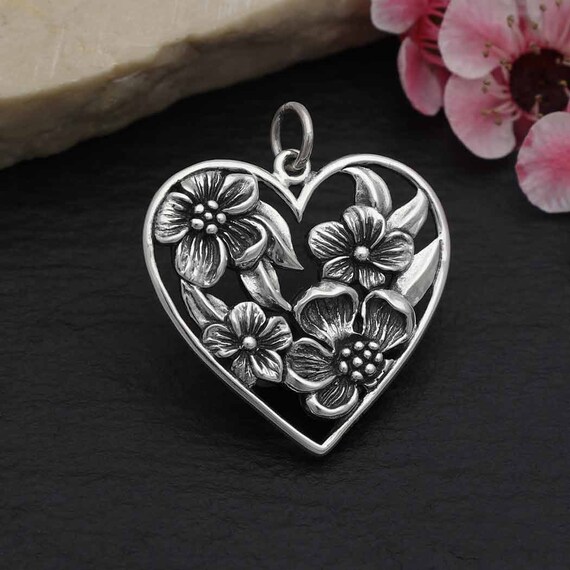 ★ROSEMONT★ Silver Heart Necklace RC24B16E Sterling Silver Heart Pendant With Apple Blossoms 26x23mm - Etsy