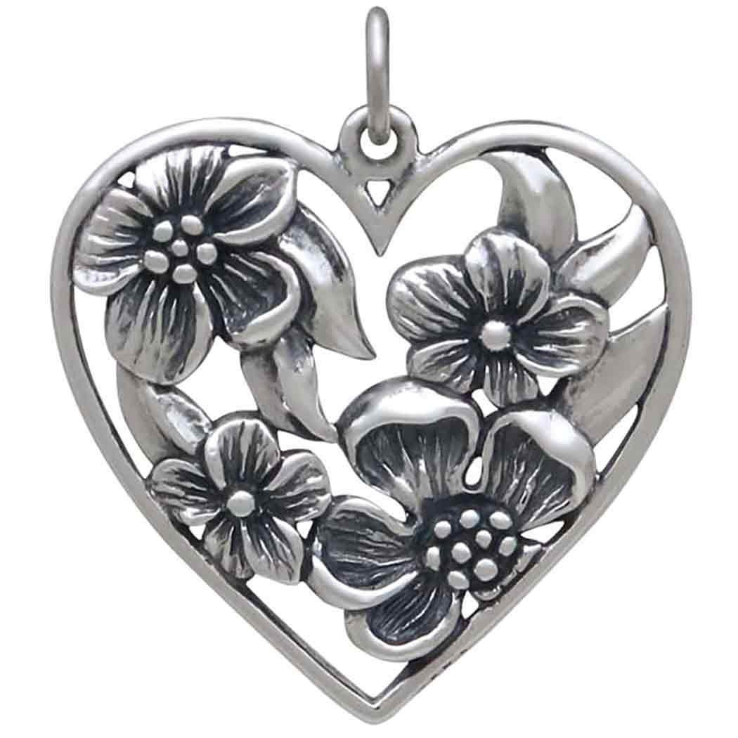 Sterling Silver Heart Pendant With Apple Blossoms 26x23mm - Etsy