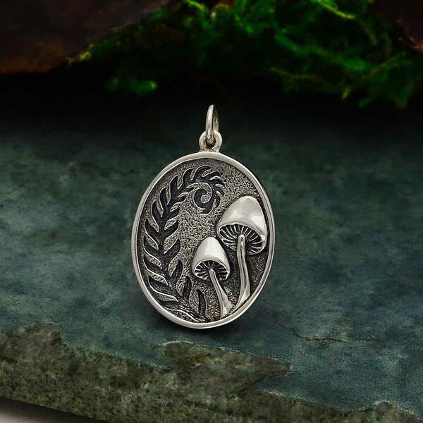 Sterling Silver Etched Fern and Mushroom Pendant 26x17mm