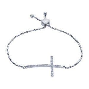 Adjustable Sterling Silver Rhodium-Plated CZ-Set Cross Link Bracelet