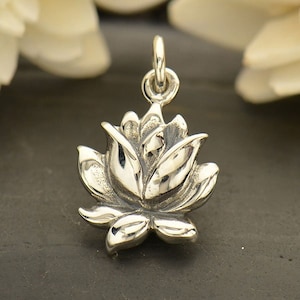Sterling silver textured blooming lotus charm 16x10mm