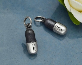 Sterling Silver Chill Pill Charm 18x5mm