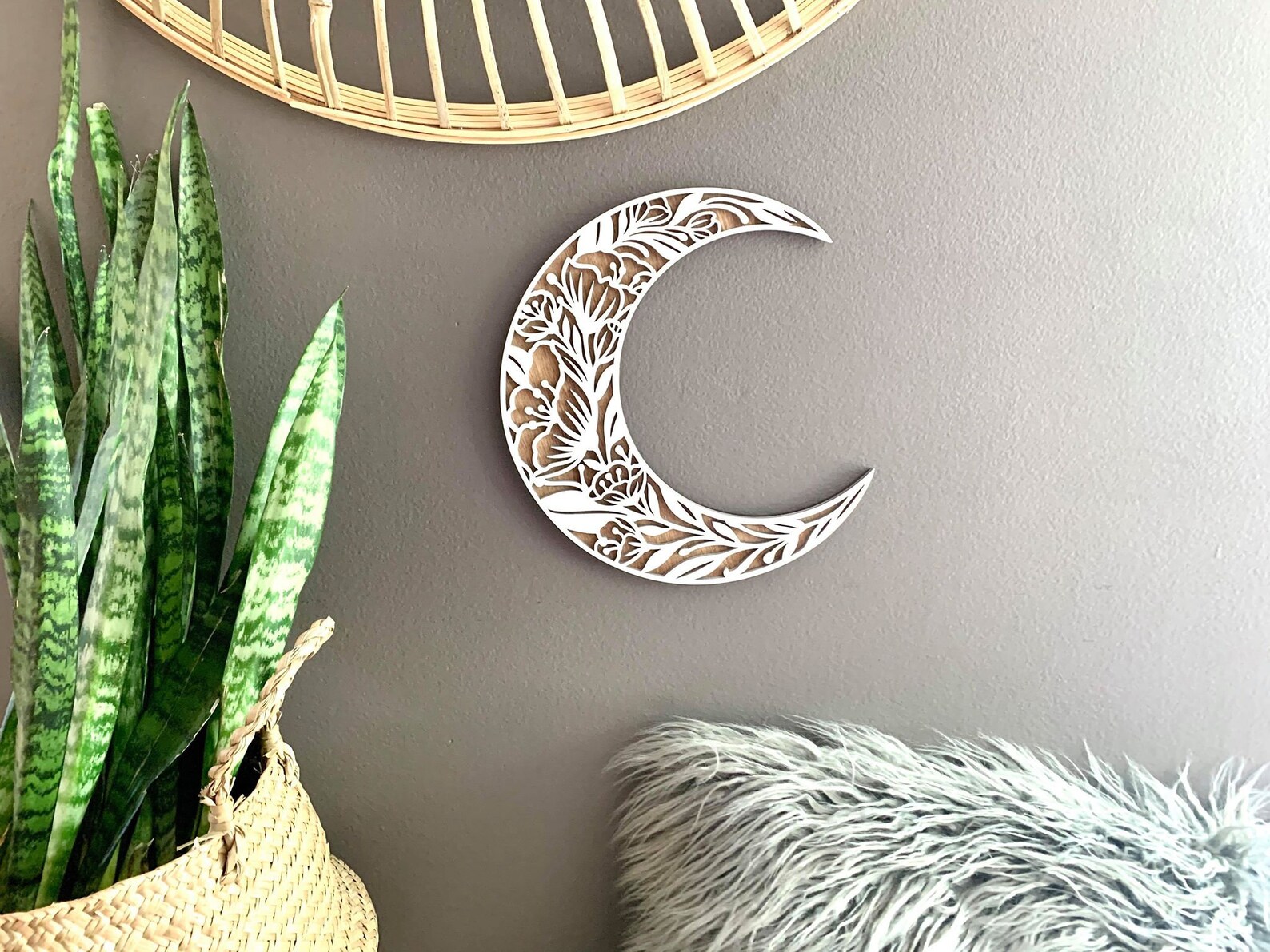 Moon Home Decor Floral Moon Crescent Moon Floral Etsy