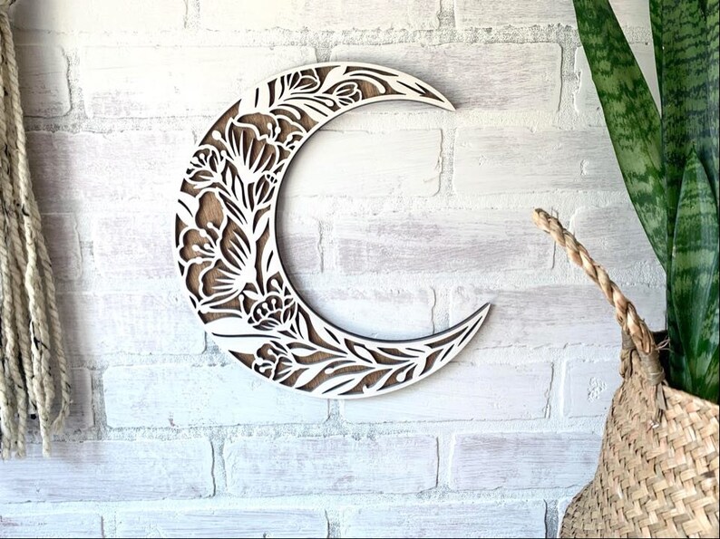Moon Home Decor Floral Moon Crescent Moon Floral Etsy