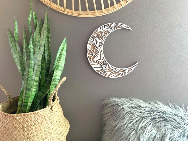 Moon Home Decor Floral Moon Crescent Moon Floral Etsy
