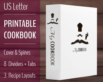 Cookbook Templates | Printable Recipe Binder for Men with Dividers, Cover and Spine | Black and White Recipe Organizer | Letter 8,5 x 11 PDF