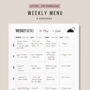 Weekly Meal Planner | Printable Insert | Weekly Menu Template | Minimalist, Clean | Letter