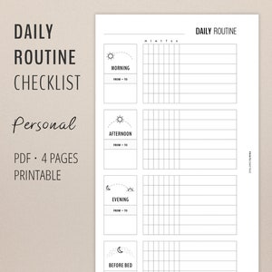 Daily Routine Checklist for Personal Planner, Morning and Bedtime Habit Tracker, Home Management PDF Printables in Minimalist Black White image 2