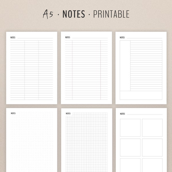 Notes Planner Pages (Lined, Square and Dot grid) in A5 size | Notes Template for Filofax and Kikki Printable Inserts in Minimalist Clean
