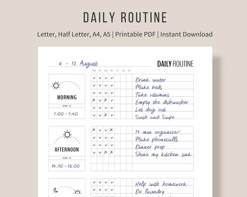 Daily Routine Planner Printable, Flylady Morning Routine Checklist, Before Bed Routine, Home Management Planner Insert, Household printables image 1