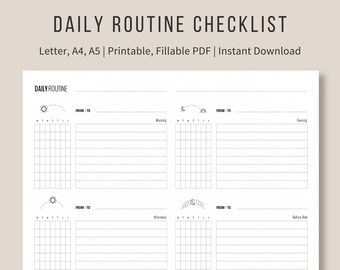 Daily Routine Planner | Fillable PDF Checklist | Habit tracker | Routine schedule template | Letter, A4 | Minimalist and clean