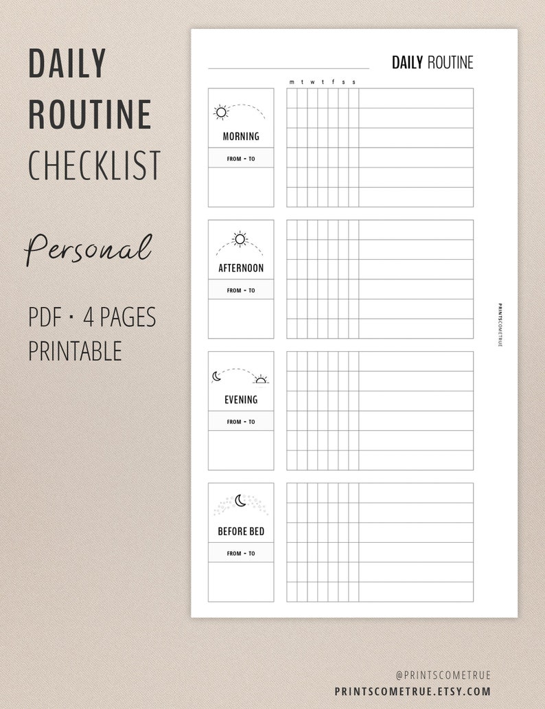 Daily Routine Checklist for Personal Planner, Morning and Bedtime Habit Tracker, Home Management PDF Printables in Minimalist Black White image 2