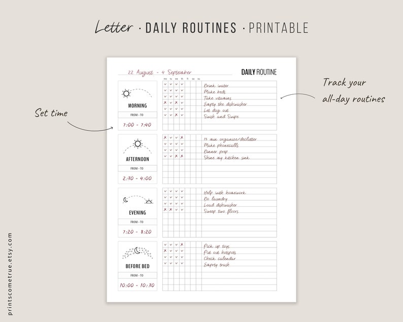 Daily habit tracker in Minimalist style. Use it for Goodnotes. Four layouts are included. Use it as a Daily routine for kids, Cleaning Routine or Selfcare Routine Printable Planner, Letter A4 A5, Minimalist