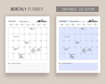 Monthly Blank Review Planner | Editable Undated Monthly 85x11 Printable Planner | London Sky Line Calendar Print | Vertical | Minimalist