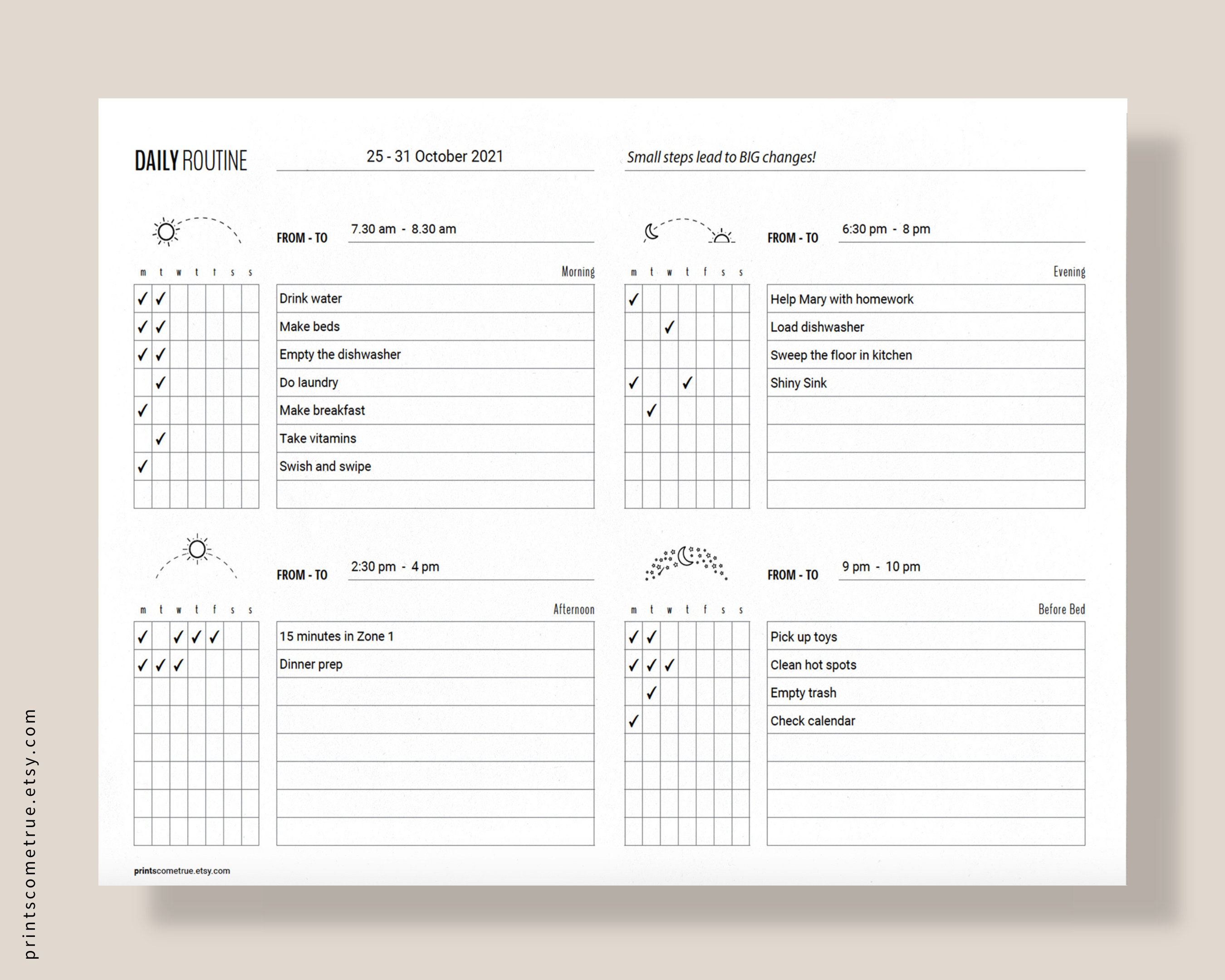 Morning, Bedtime Daily Routine Chart Printable Template Fillable PDF ...