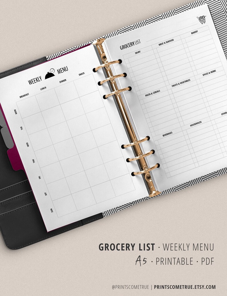 Weekly Meal Planner and Grocery List A5 Printable Inserts Etsy