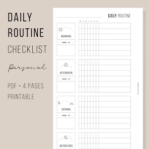 Daily Routine Checklist for Personal Planner, Morning and Bedtime Habit Tracker, Home Management PDF Printables in Minimalist Black White image 1