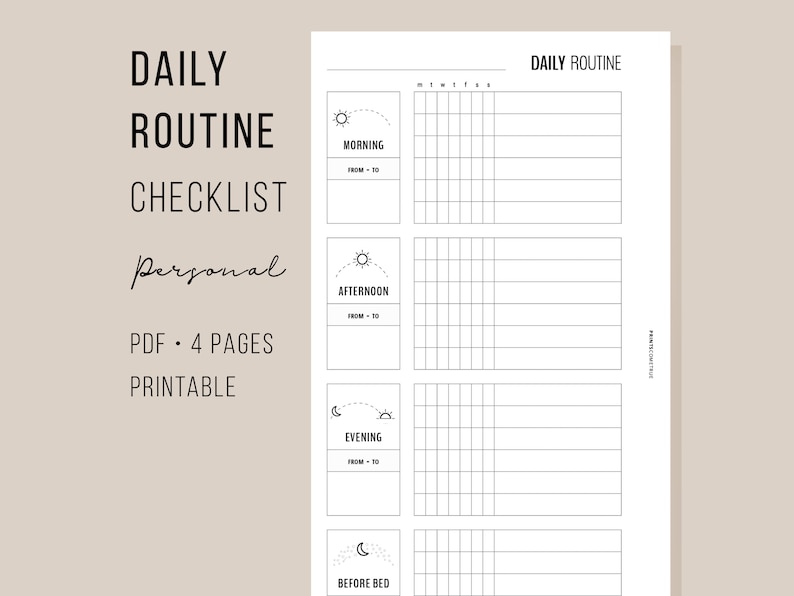 Daily Routine Checklist for Personal Planner, Morning and Bedtime Habit Tracker, Home Management PDF Printables in Minimalist Black White image 1