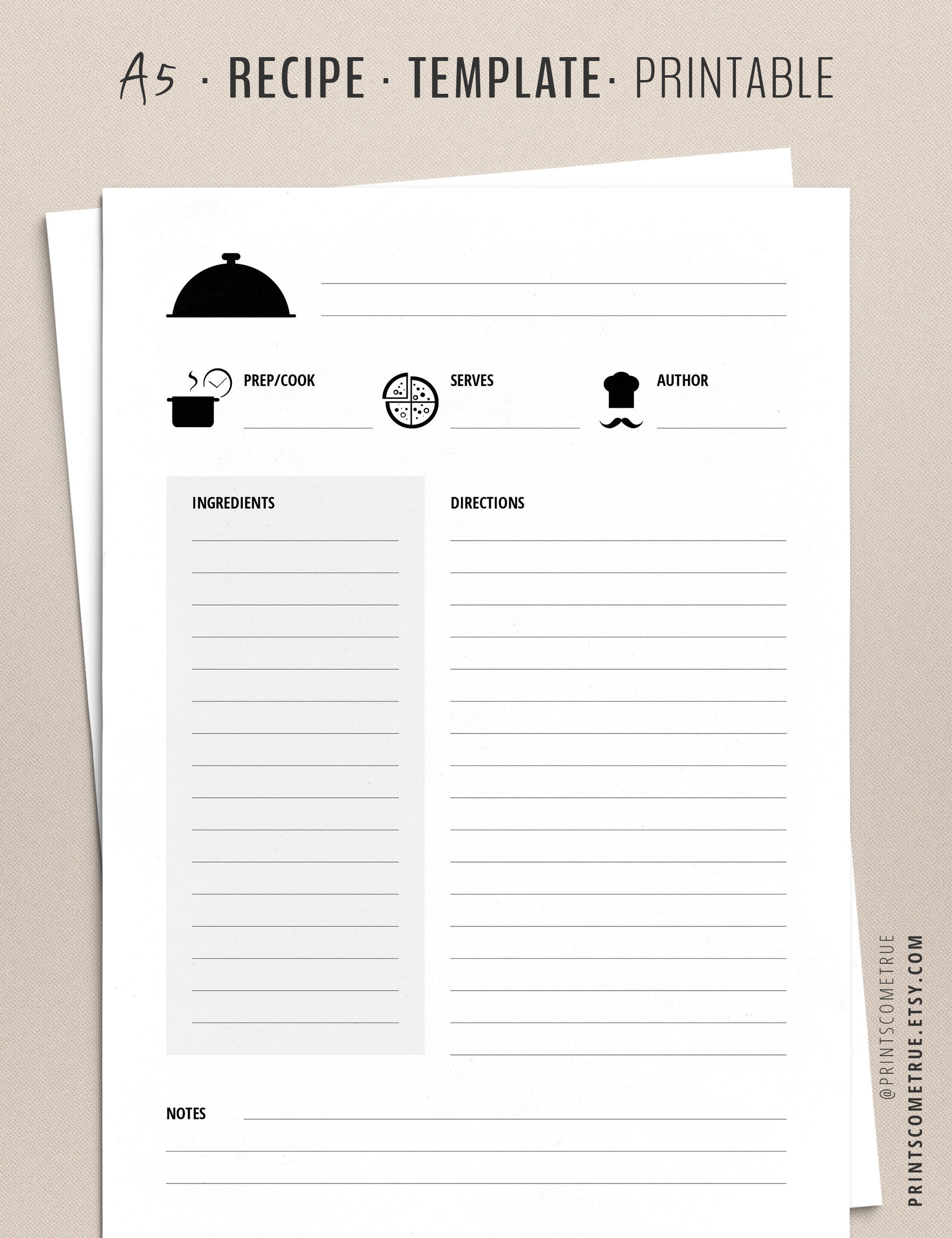 Recipe Template, Recipe Cards, Blank Recipe Pages for Cookbook in  Minimalist French Style (Download Now) 