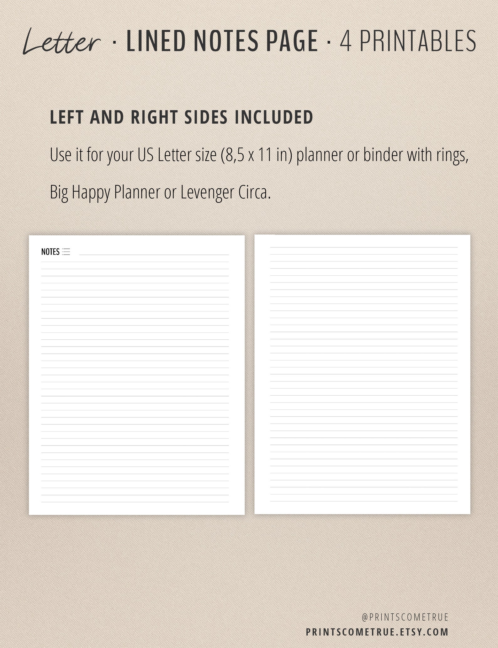 Lined Paper Printable for US Letter 11 X 8.5 in Binder With Rings, Levenger Circa or Big Happy ...