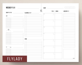 Flylady Weekly Planner for Control Journal | Morning, Evening Routines, Cleaning Zones, Menu Plan, Grocery list | Letter Minimalist