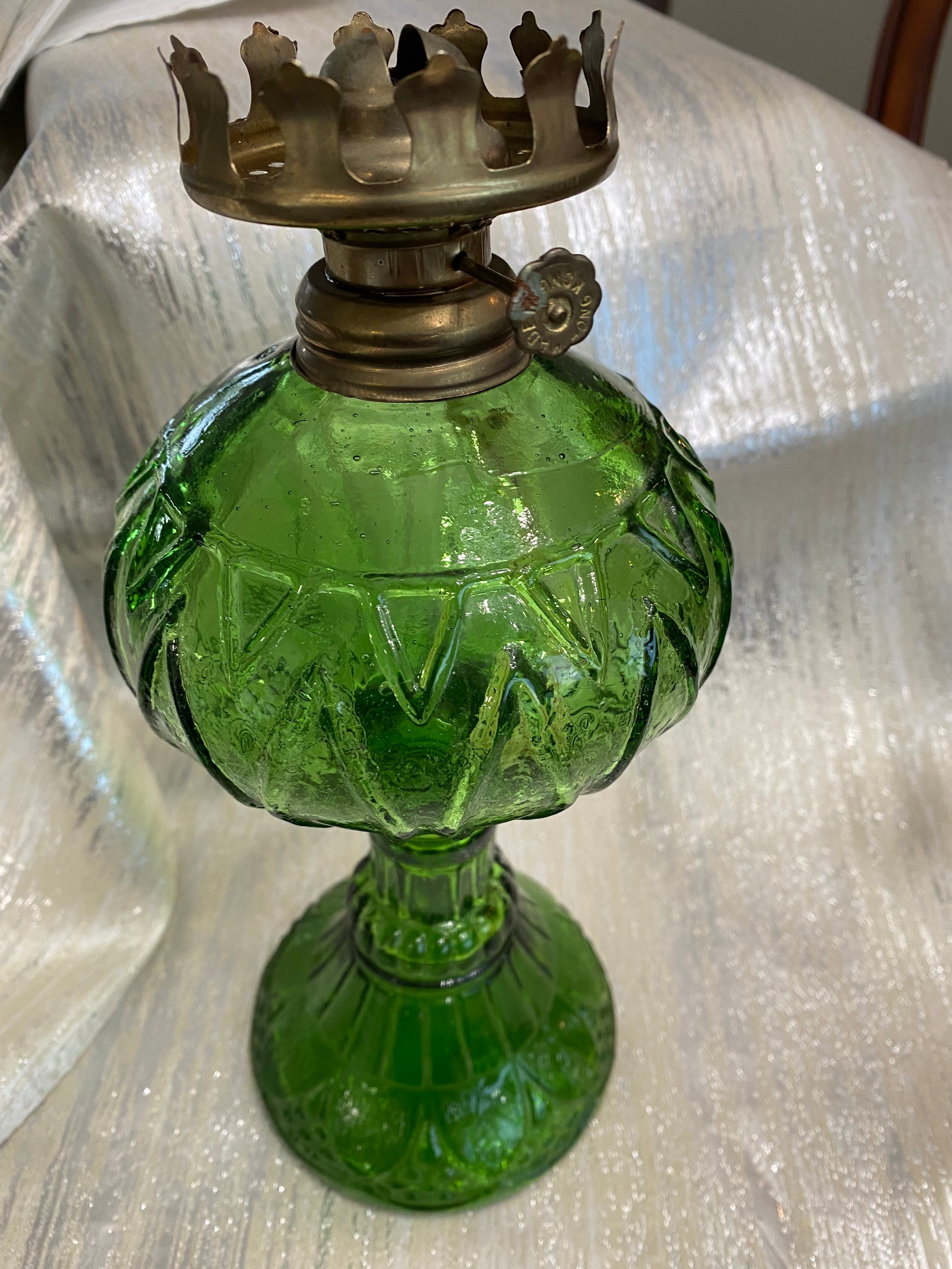 Hurricane lamp green glass base Etsy