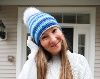 Blue Gradient Slouchy Adult Size Beanie with removable pom pom - ready to ship