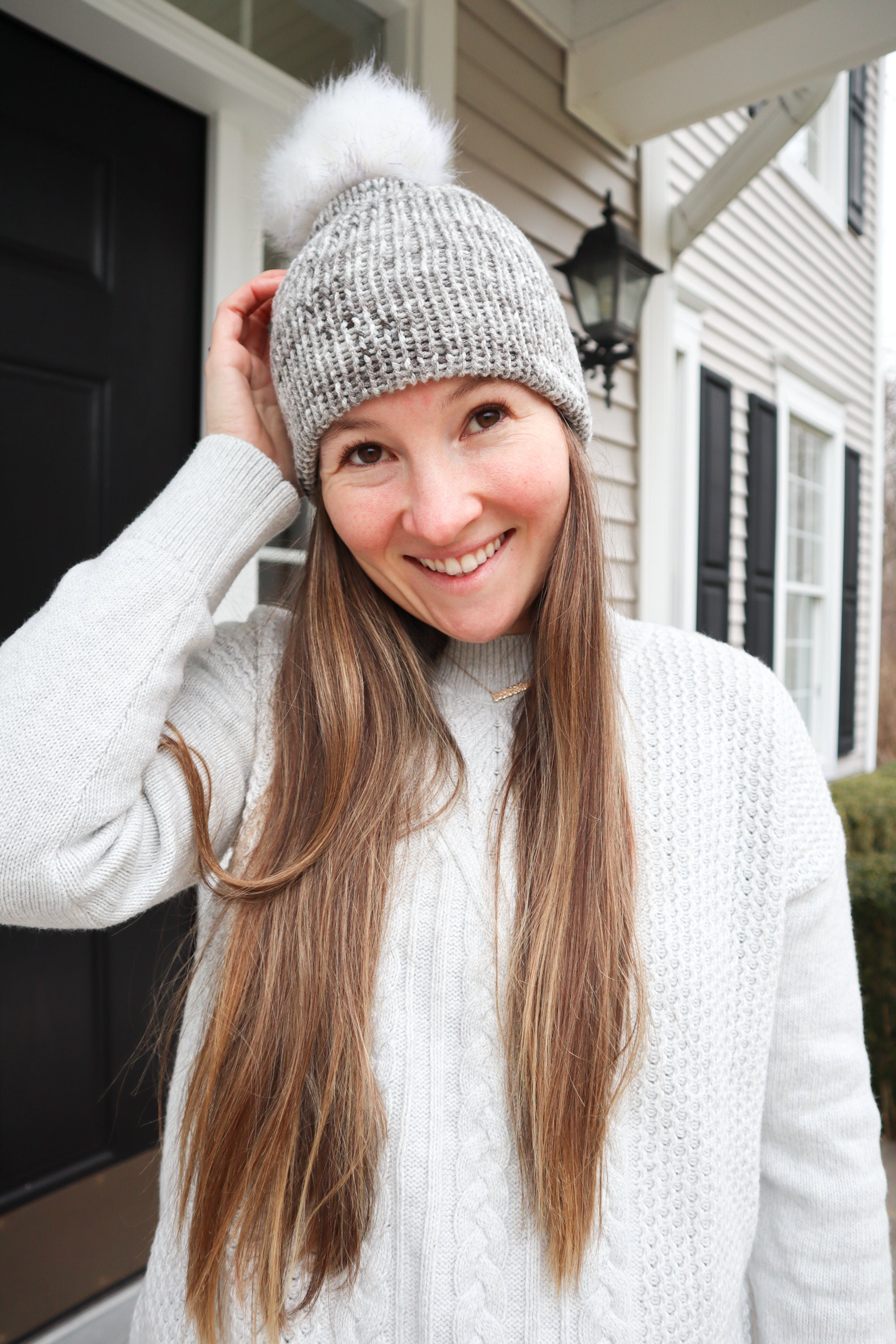 ALO Yoga Gray Knit Beanie with Faux Fur Pom Alo Yoga + Cashmere Beanie main image 2