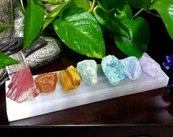 Seven chakra stone set with selenite bar, rough stones, healing crystals, chakra balancing, meditation, natural stone, natural crystals
