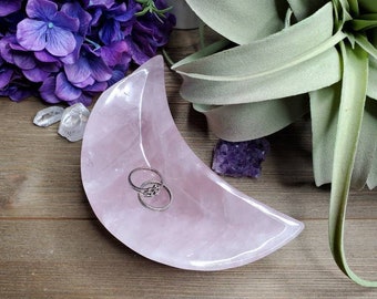 Large rose quartz crescent moon dish, 1 lb 2.75oz, jewelry dish, pink, crystal dish, love stone, heart chakra, natural stone, boho decor, #1