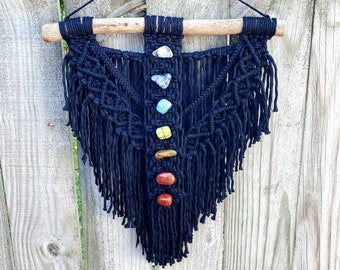 LIMITED EDITION BLACK macrame chakra wall hanging, meditation decor, yoga decor, chakra decor, enlightenment, wall art, chakra stones