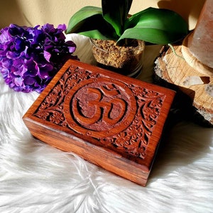 Om shisham wood box, hand carved in India, namaste, jewelry box, crystal storage, sacred space, ohm, aum, sound of the universe