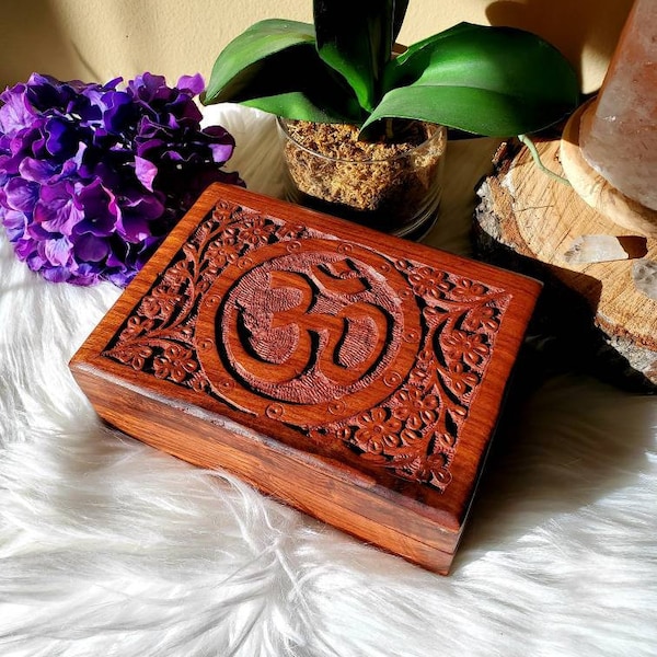 Om shisham wood box, hand carved in India, namaste, jewelry box, crystal storage, sacred space, ohm, aum, sound of the universe