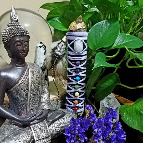 Chakra totem pole, altar decoration, moonstone, crystals, meditation, Chakra balancing, enlightenment, spirit stick, crown chakra