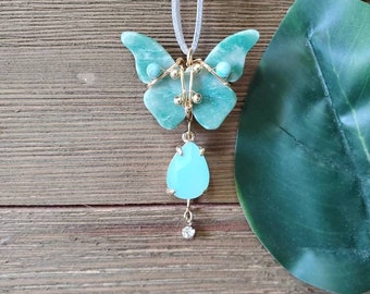 Jade butterfly, rearview mirror car charm, jasper, crystals, luna moth, boho accessories, hippie chic