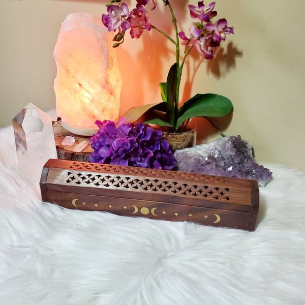 Incense storage box, shisham wood, hand carved in India, incense holder, sacred space, moon and stars, moon phase