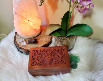 Goddess shisham wood box, hand carved in India, jewelry box, crystal storage, sacred space,