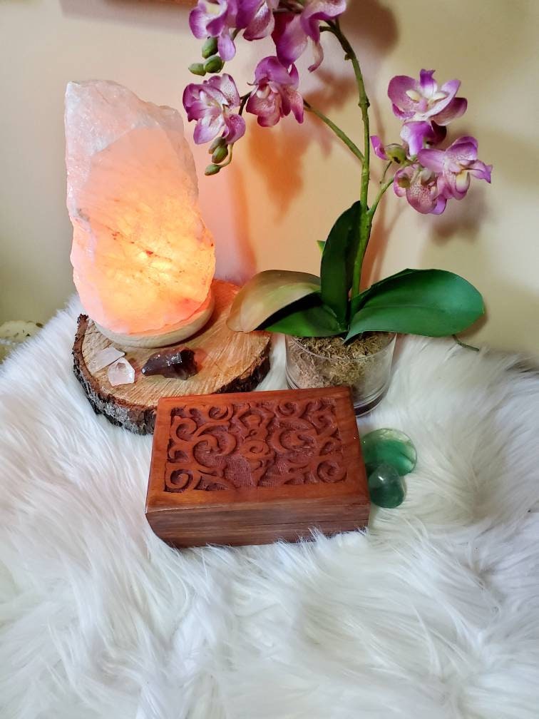 Goddess shisham wood box, hand carved in India, jewelry box, crystal storage, sacred space,