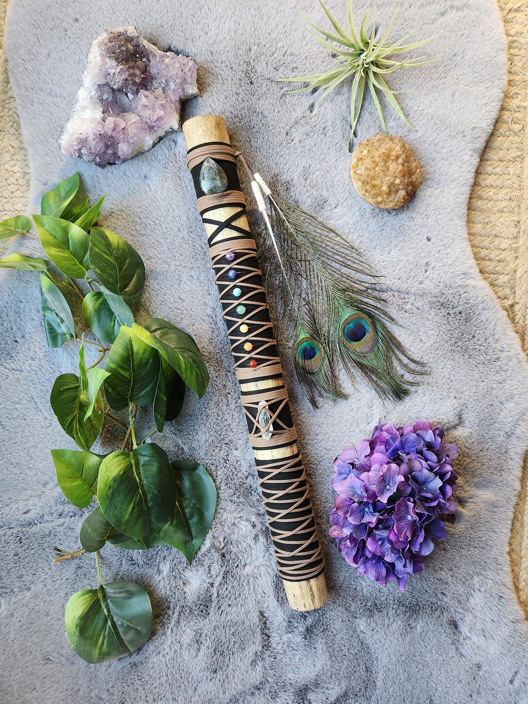 Chakra Rainstick, Spirit Stick, Totem, Crystals, Altar Decoration
