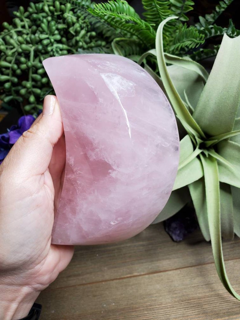 Large rose quartz crescent moon dish, 1 lb 2.75oz, jewelry dish, pink, crystal dish, love stone, heart chakra, natural stone, boho decor, 1 image 5