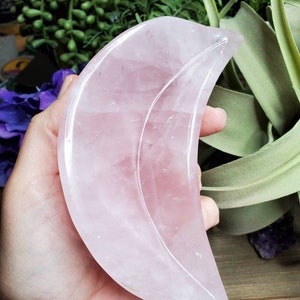 Large rose quartz crescent moon dish, 1 lb 2.75oz, jewelry dish, pink, crystal dish, love stone, heart chakra, natural stone, boho decor, 1 image 6