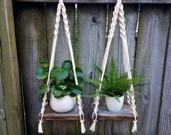 Macrame hanging plant stand, hanging shelf, reclaimed wood, fruit bowl holder, small plant hanger, boho decor, rustic decor, cottage chic